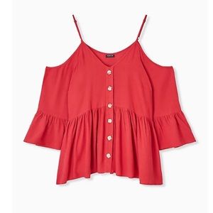 Torrid Red/Pink Gauze Button Cold Shoulder Bell Sleeve Top